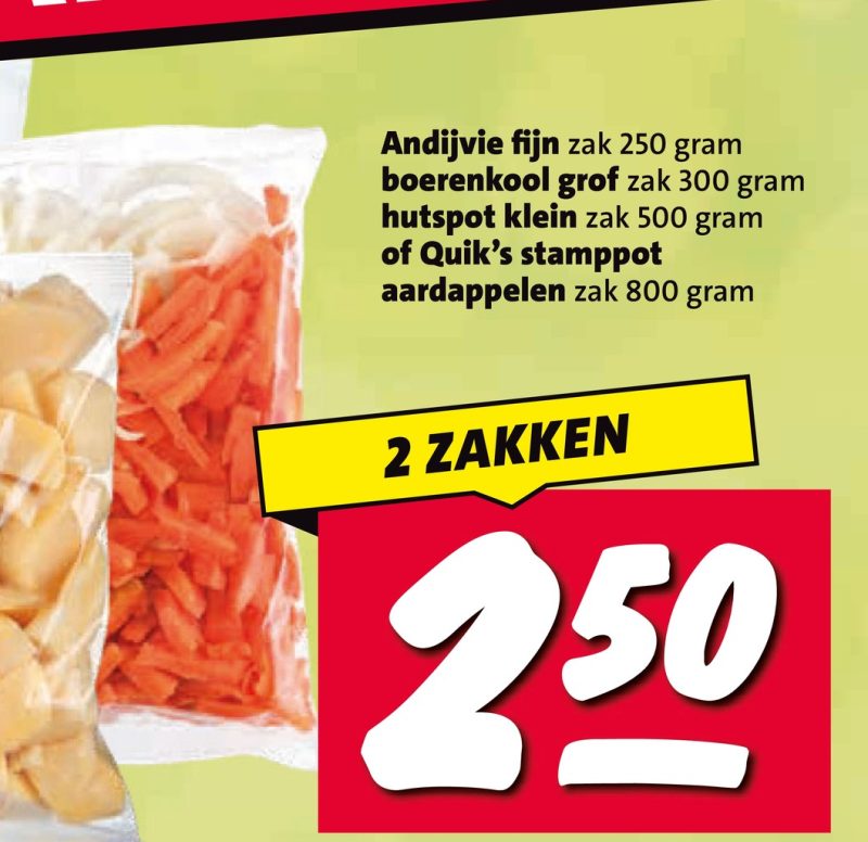 Andijvie fijn zak 250 gram boerenkool grof zak 300 gram hutspot klein zak 500 gram of Quik’s stamppot aardappelen zak 800 gram