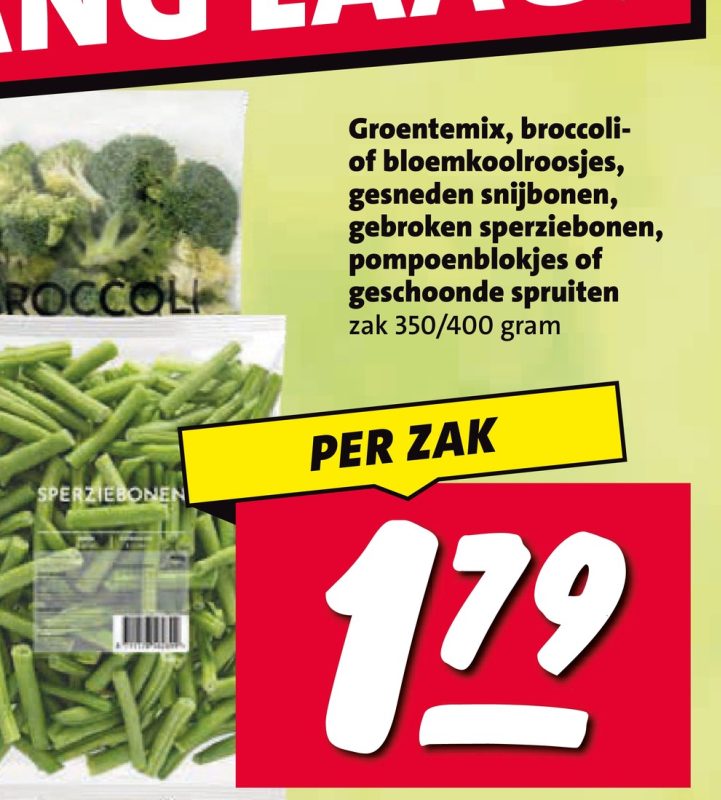 Groentemix, broccoliof bloemkoolroosjes gesneden snijbonen gebroken sperziebonen pompoenblokjes of geschoonde spruiten